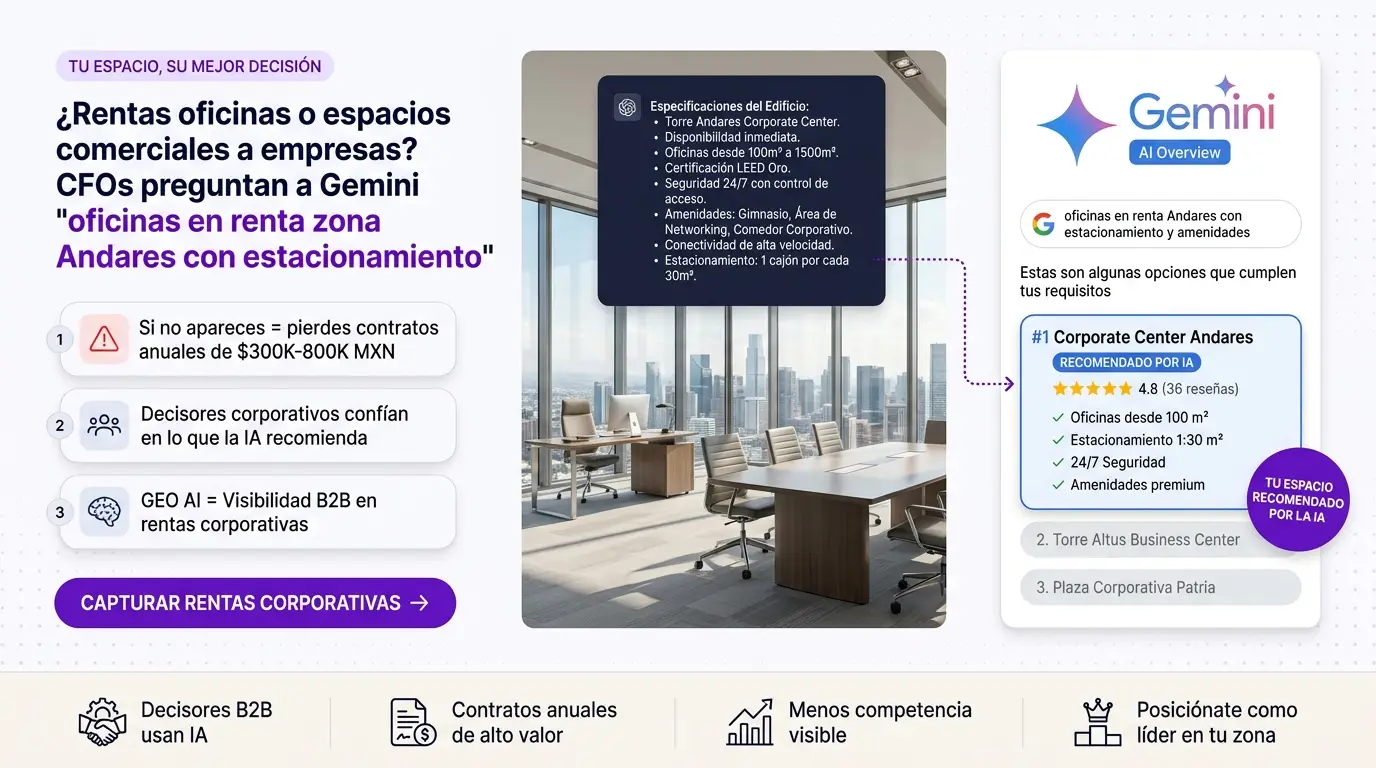 Banner: Posiciona tu oferta de rentas corporativas en Google Gemini — Agencia GEO México