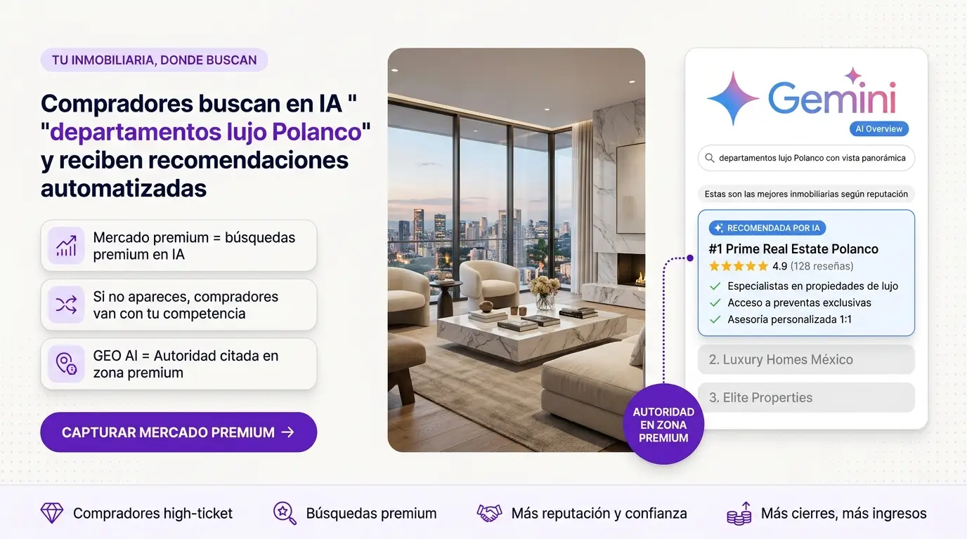 Banner: Posiciona tu inmobiliaria de zona premium en Google Gemini AI Overviews — Agencia GEO México