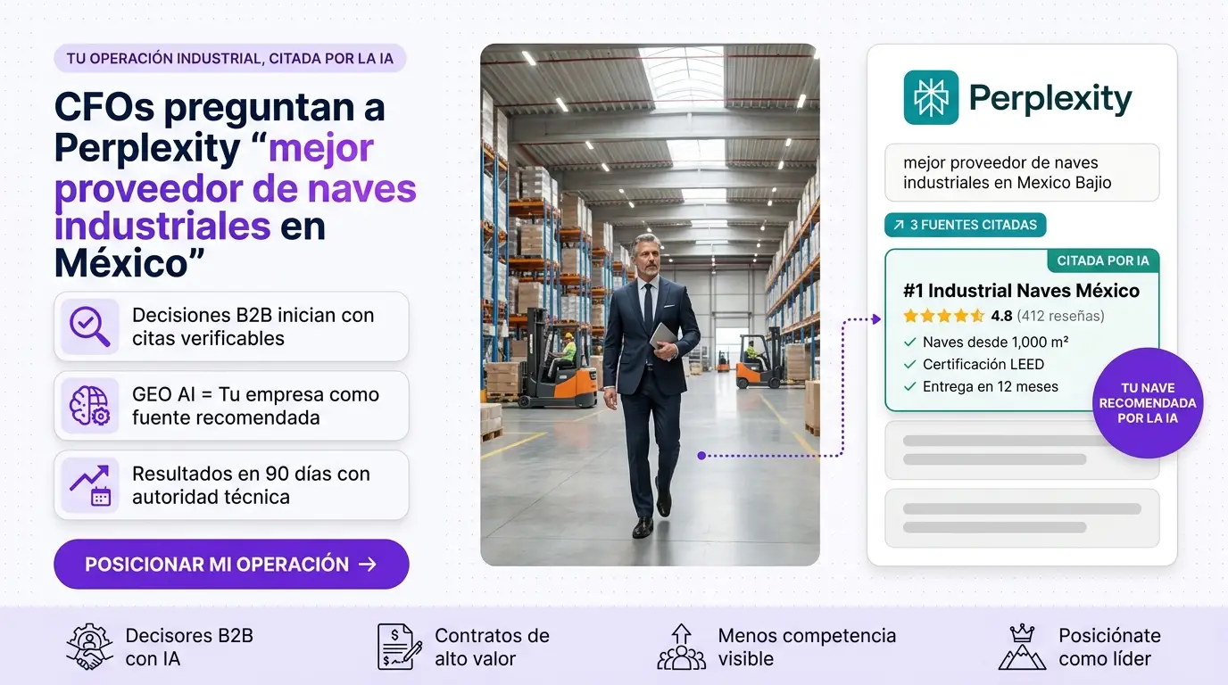 Banner: Posiciona tu empresa industrial o nave para que Perplexity te recomiende — Agencia GEO México