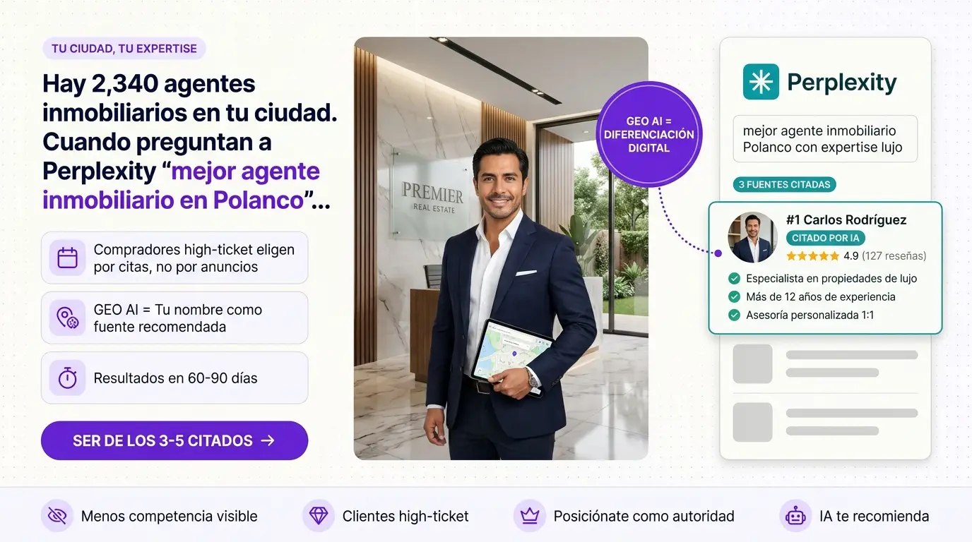 Banner: Posiciona tu agencia inmobiliaria para ser citada por Perplexity — Agencia GEO México