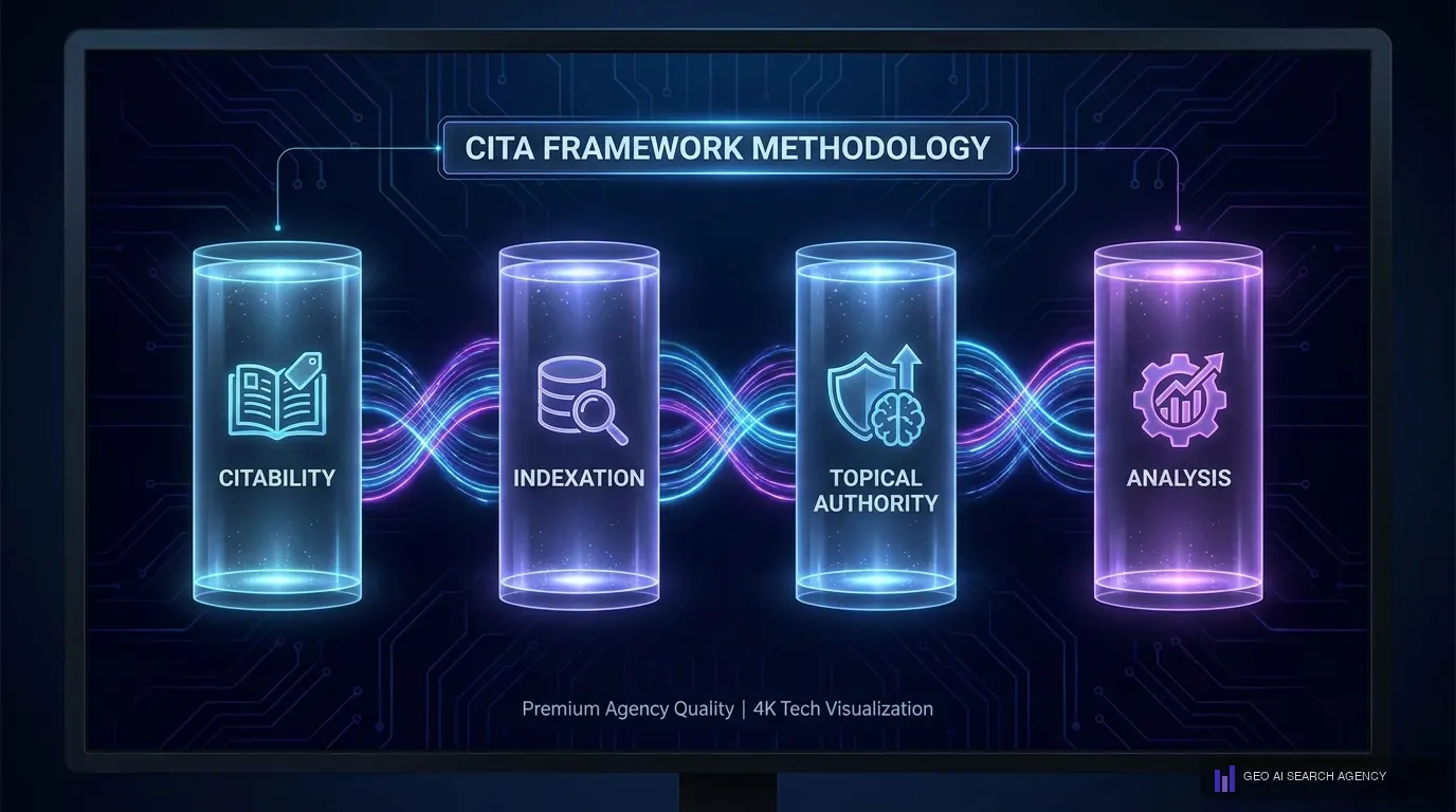 Los 4 pilares del CITA Framework de Agencia GEO México: Citabilidad, Indexacion, Topica y Analisis